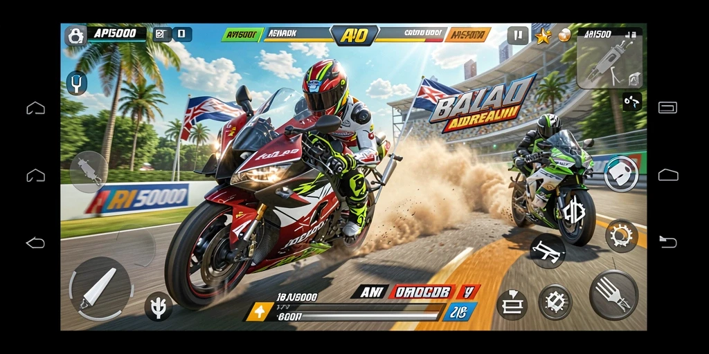 Screenshot menunjukkan balapan seru di trek dengan motor cepat.