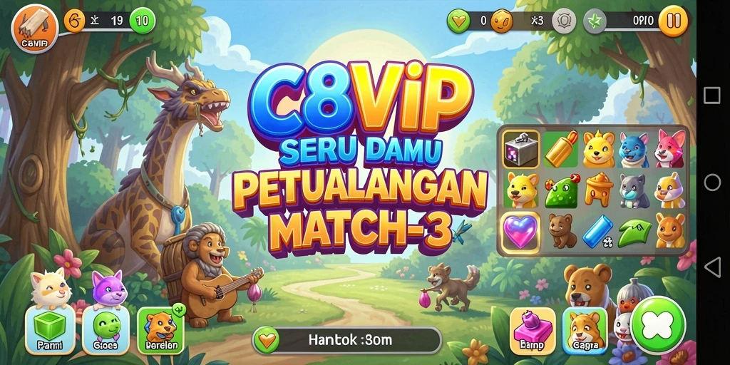 Tangkapan layar gameplay C8VIP dengan elemen mencocokkan yang berwarna-warni.