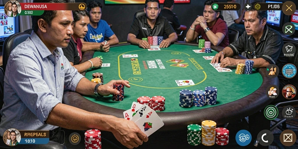 Gameplay seru DEWANUSA dengan tampilan meja poker yang menarik.