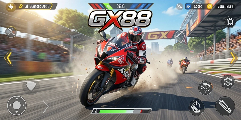 Screenshot gameplay GX88 yang menunjukkan adrenalin balapan motor.