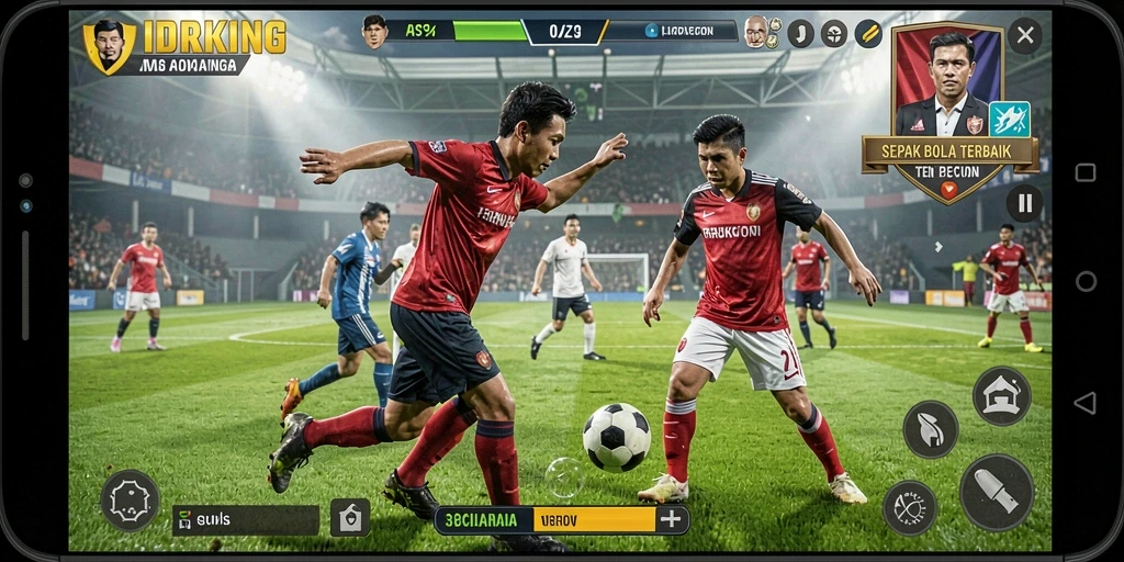 Tangkapan layar gameplay <strong>IDRKING</strong> yang menampilkan aksi sepak bola yang seru.