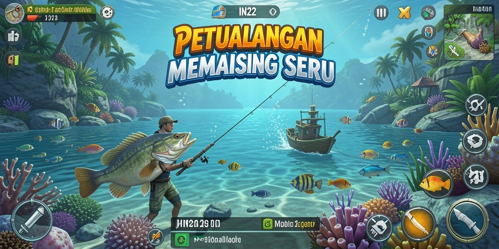 Tampilan gameplay IN22 yang menampilkan aksi memancing seru.