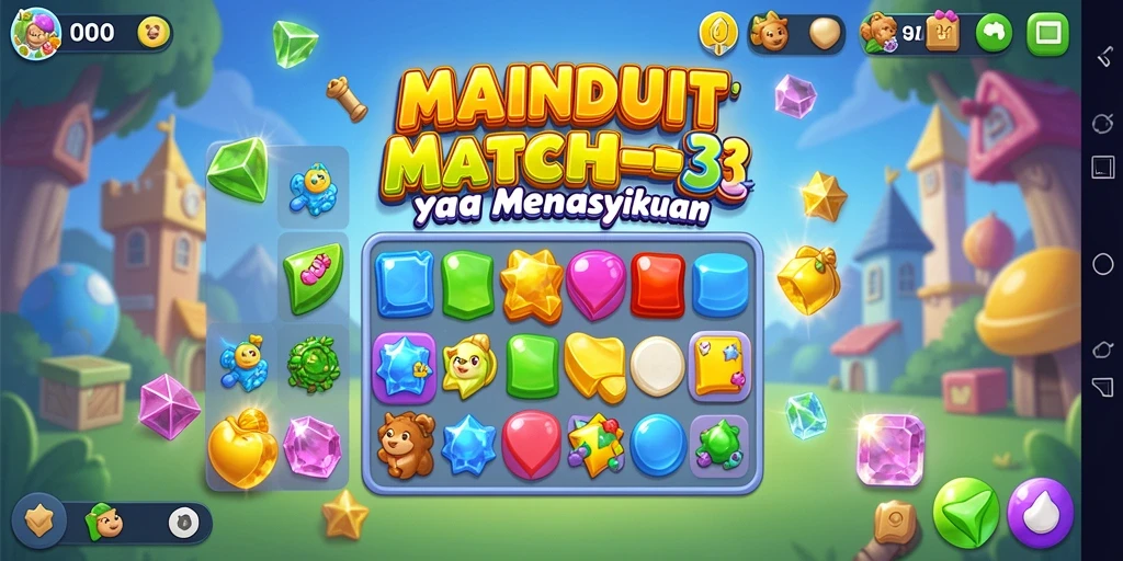 Tampilan gameplay MAINDUIT dengan permata cerah dan tantangan Match-3.