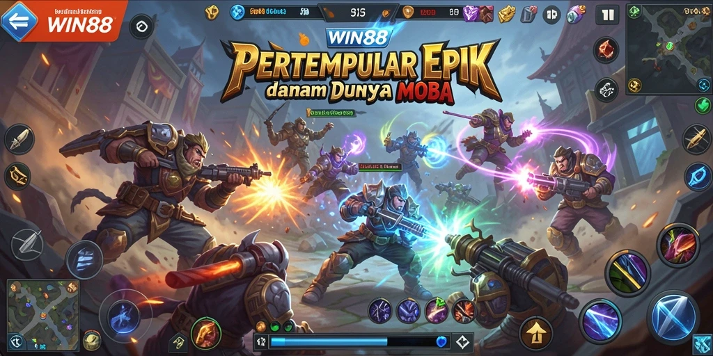 Tampilan gameplay seru dalam pertarungan MOBA yang intens.